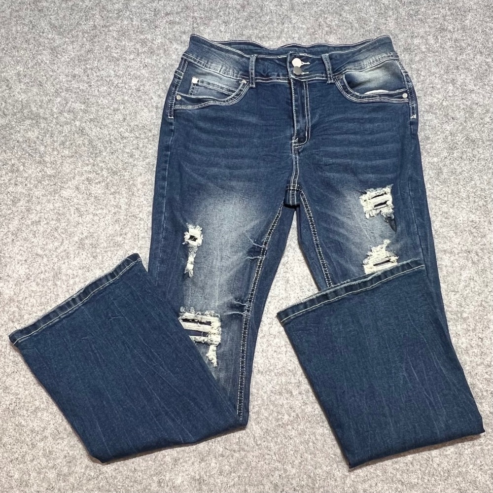 Womens Distressed Flare Jeans‎ Dark Wash Double Button Ripped Denim Size L